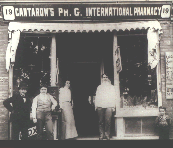 Cantarow's Pharmacy, Windsor Street, 1912. Pharmacist Joseph Cantarow is likely one of the figures out front.