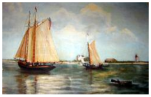 Black Rock Harbor, Bridgeport, 1899, by an unidentified artist “E.P.O.” The scene was painted from the vantage point of the George Hotel, now the site of the Black Rock Yacht Club. The 1823 lighthouse and the dwelling built to replace the house that keeper Kate Moore lived in can be seen on Fayerweather Island. Painting courtesy of Jack and Lu Morris