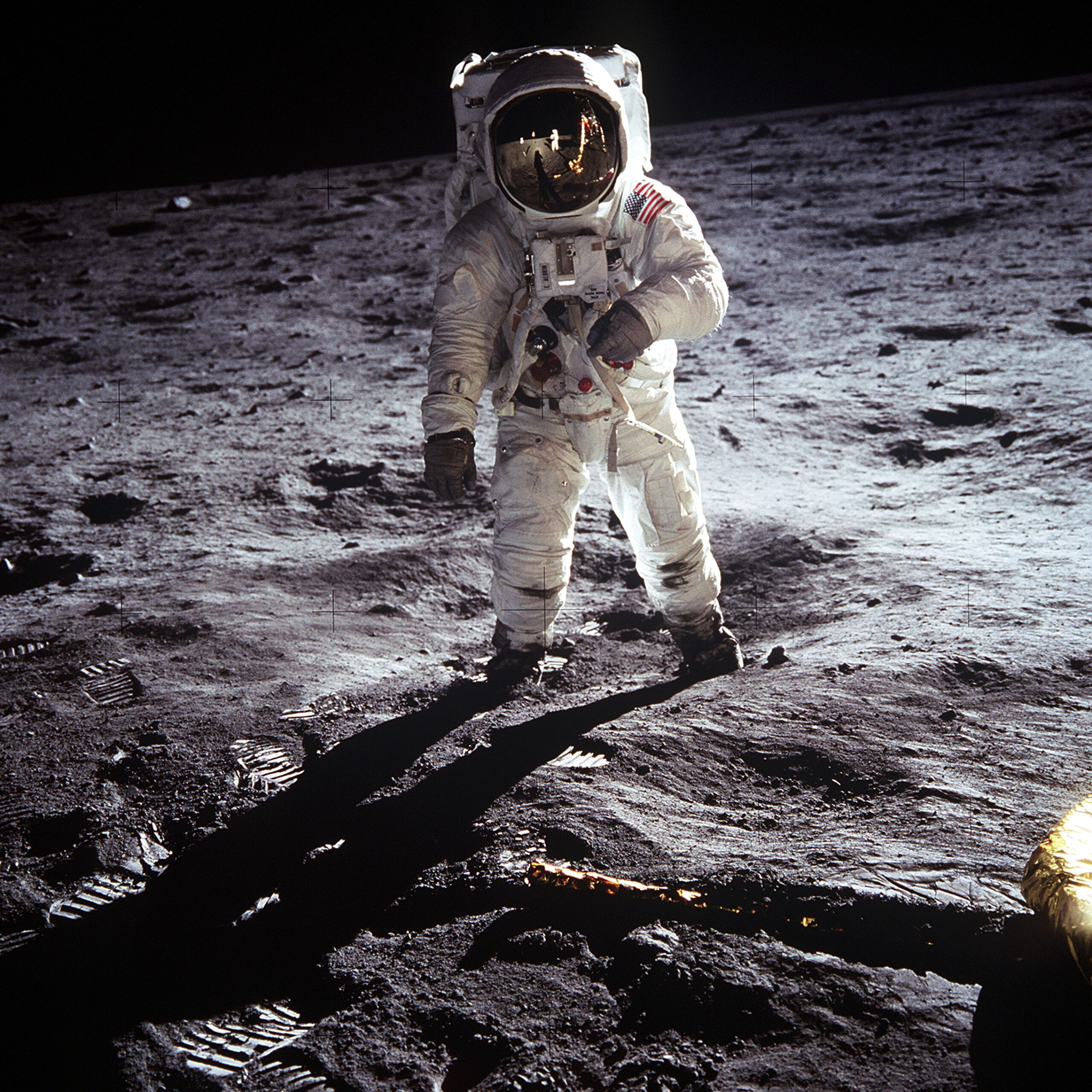 Astronaut Edwin “Buzz” Aldrin walks on the surface of the moon, July 20, 1969. photo: Neil Armstrong, NASA 